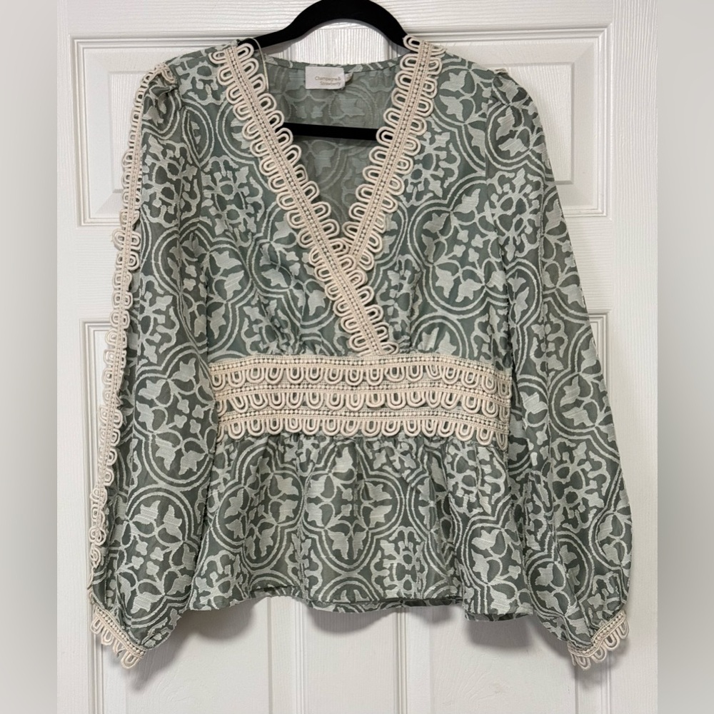 Champagne & Strawberry Lace Embroidered Bohemian Vibes Blouse V-Neck Size M